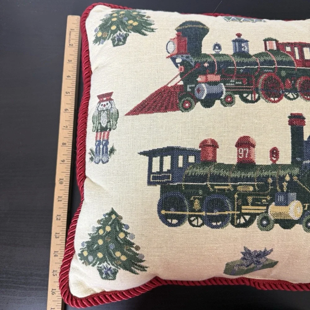 VTG 90s Square Tapestry Pillow Christmas Tree‎ Trains Nutcracker Star 16x16 gift